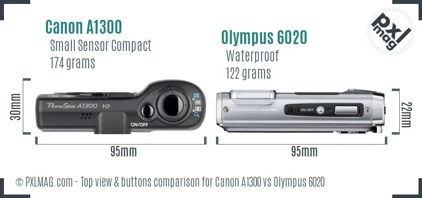 Canon A1300 vs Olympus 6020 top view buttons comparison Canon A1300 vs Olympus 6020 top view buttons comparison