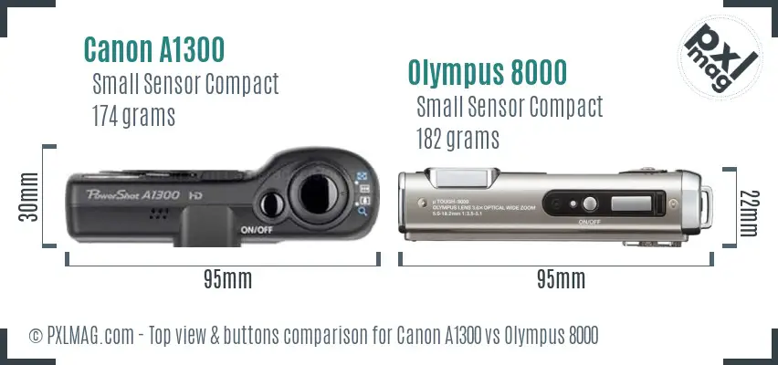 Canon A1300 vs Olympus 8000 top view buttons comparison