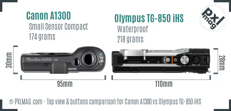 Canon A1300 vs Olympus TG-850 iHS top view buttons comparison