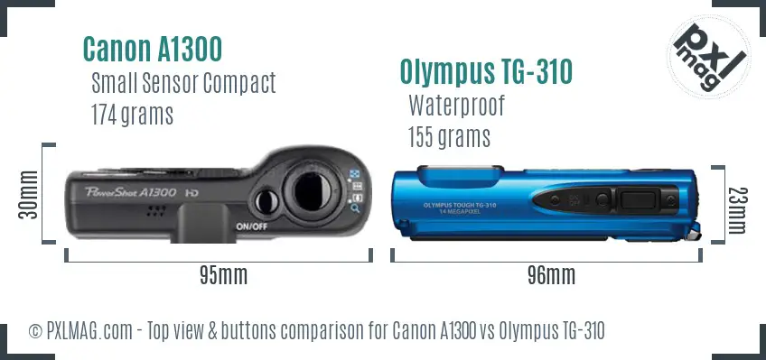 Canon A1300 vs Olympus TG-310 top view buttons comparison