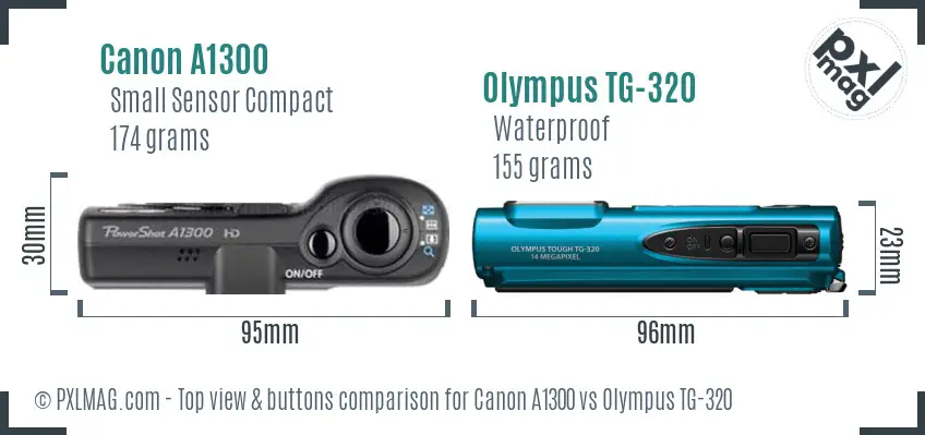 Canon A1300 vs Olympus TG-320 top view buttons comparison