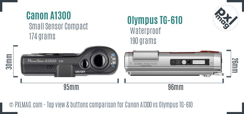 Canon A1300 vs Olympus TG-610 top view buttons comparison