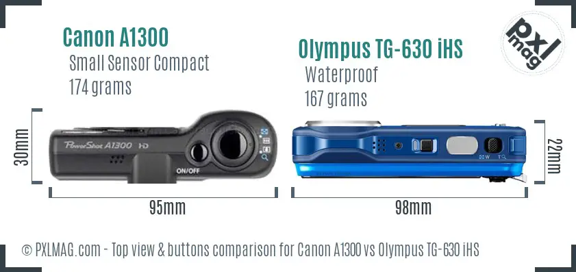 Canon A1300 vs Olympus TG-630 iHS top view buttons comparison Canon A1300 vs Olympus TG-630 iHS top view buttons comparison