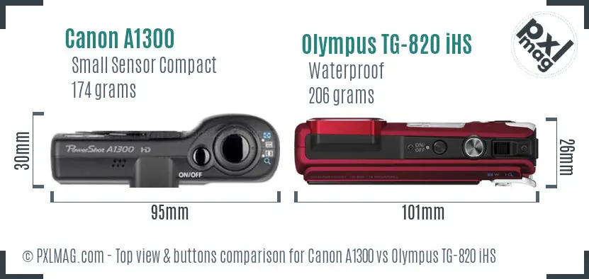 Canon A1300 vs Olympus TG-820 iHS top view buttons comparison