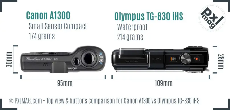 Canon A1300 vs Olympus TG-830 iHS top view buttons comparison