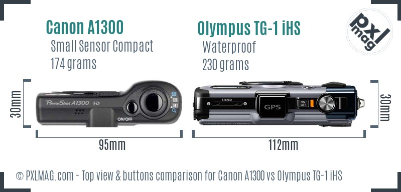 Canon A1300 vs Olympus TG-1 iHS top view buttons comparison