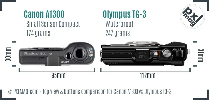 Canon A1300 vs Olympus TG-3 top view buttons comparison