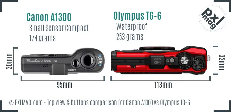 Canon A1300 vs Olympus TG-6 top view buttons comparison