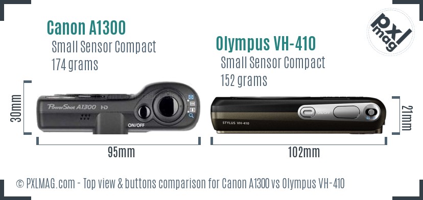 Canon A1300 vs Olympus VH-410 top view buttons comparison