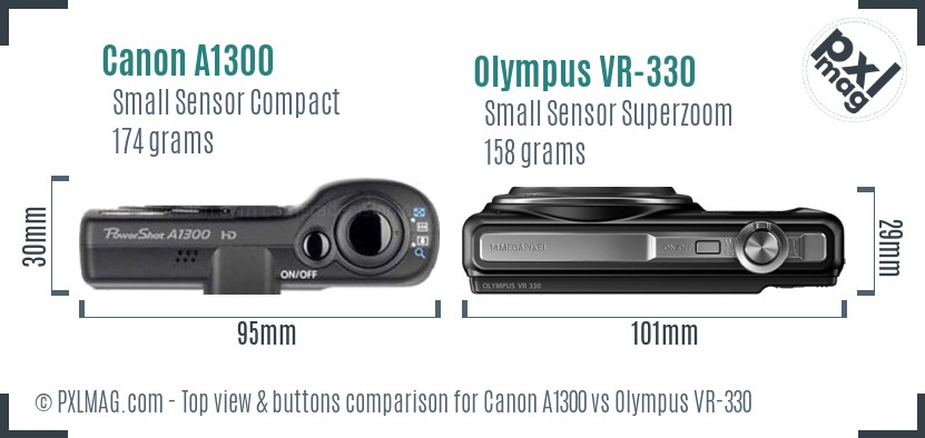Canon A1300 vs Olympus VR-330 top view buttons comparison