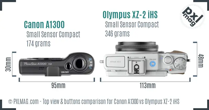 Canon A1300 vs Olympus XZ-2 iHS top view buttons comparison