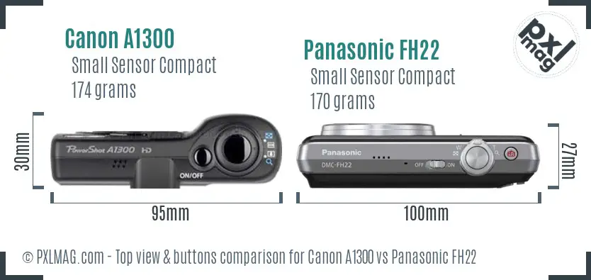 Canon A1300 vs Panasonic FH22 top view buttons comparison Canon A1300 vs Panasonic FH22 top view buttons comparison