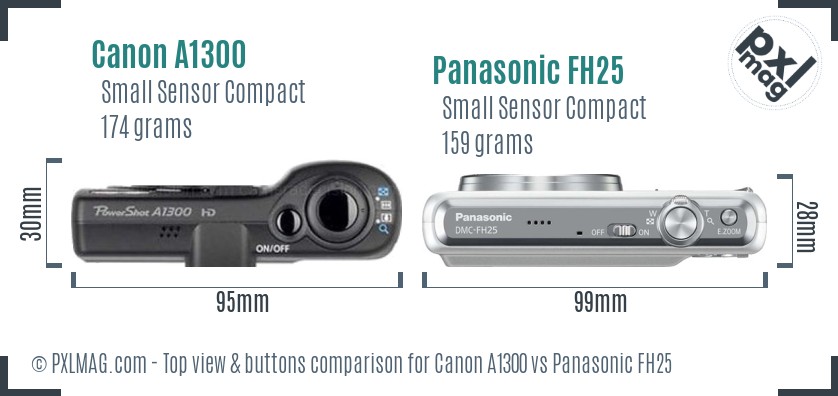 Canon A1300 vs Panasonic FH25 top view buttons comparison