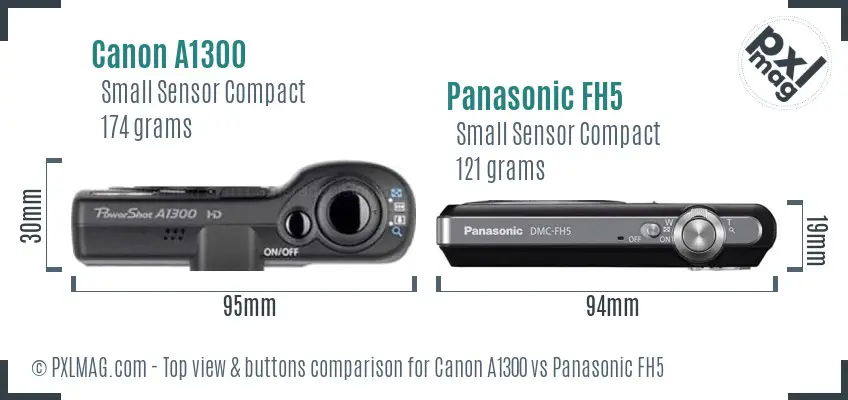 Canon A1300 vs Panasonic FH5 top view buttons comparison