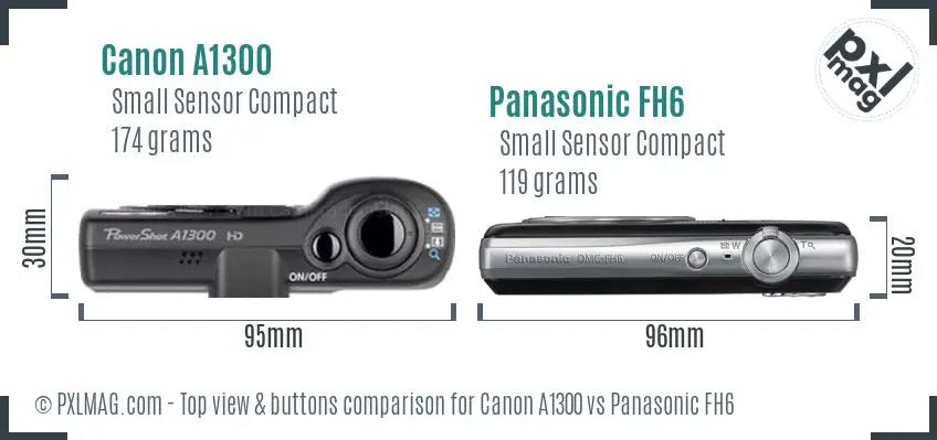 Canon A1300 vs Panasonic FH6 top view buttons comparison Canon A1300 vs Panasonic FH6 top view buttons comparison