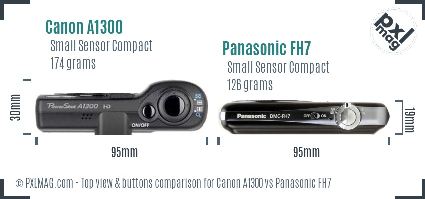 Canon A1300 vs Panasonic FH7 top view buttons comparison