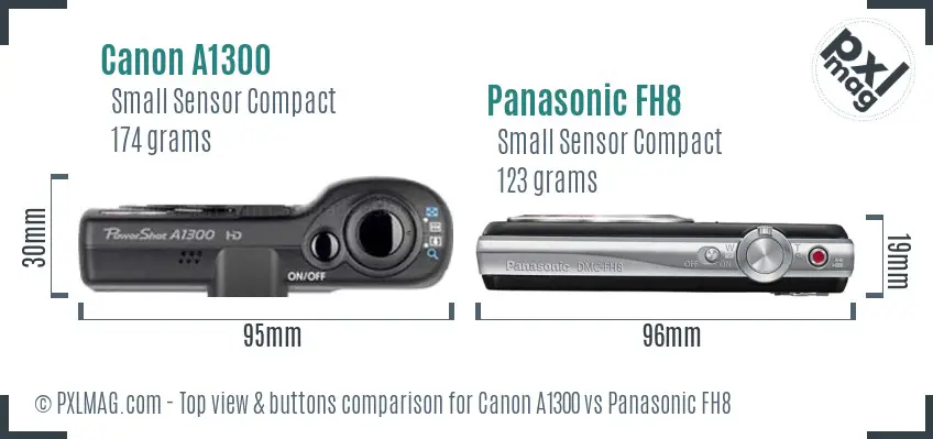 Canon A1300 vs Panasonic FH8 top view buttons comparison