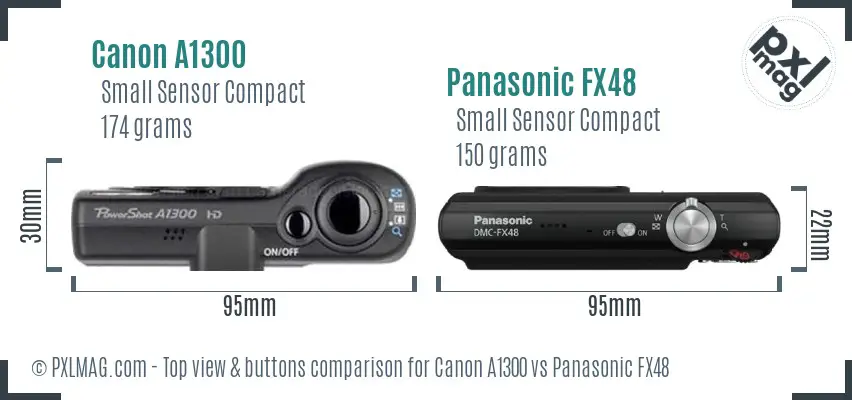 Canon A1300 vs Panasonic FX48 top view buttons comparison