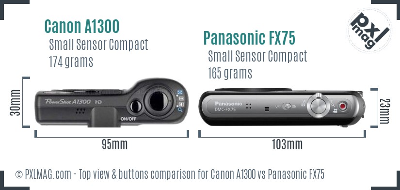 Canon A1300 vs Panasonic FX75 top view buttons comparison