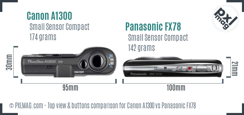 Canon A1300 vs Panasonic FX78 top view buttons comparison