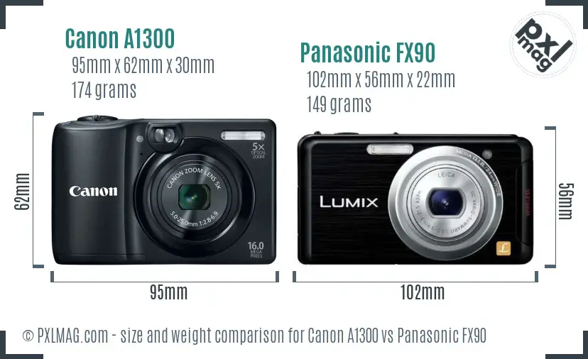 Canon A1300 vs Panasonic FX90 size comparison