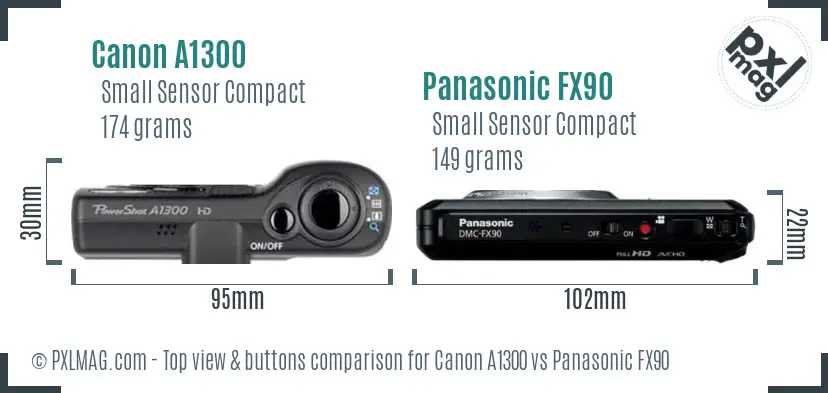 Canon A1300 vs Panasonic FX90 top view buttons comparison