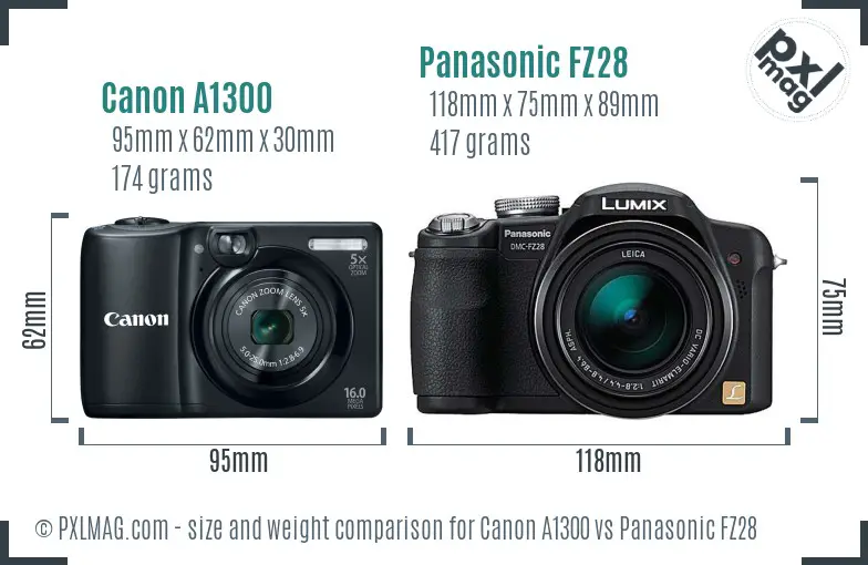 Canon A1300 vs Panasonic FZ28 size comparison