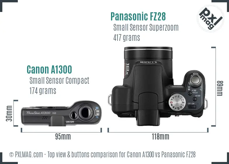 Canon A1300 vs Panasonic FZ28 top view buttons comparison