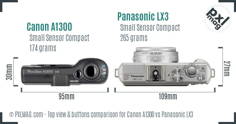 Canon A1300 vs Panasonic LX3 top view buttons comparison