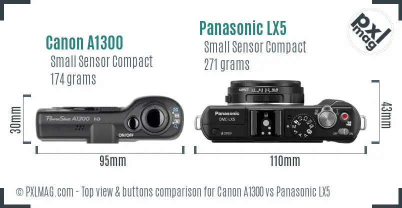 Canon A1300 vs Panasonic LX5 top view buttons comparison