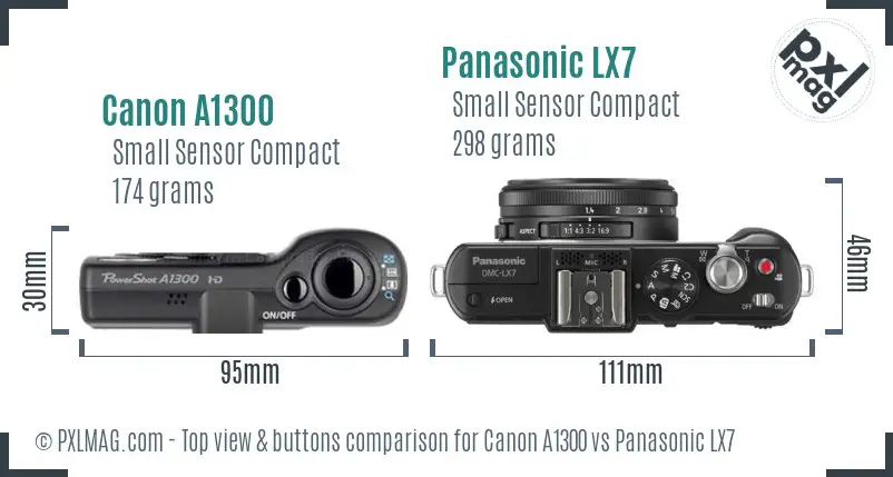 Canon A1300 vs Panasonic LX7 top view buttons comparison