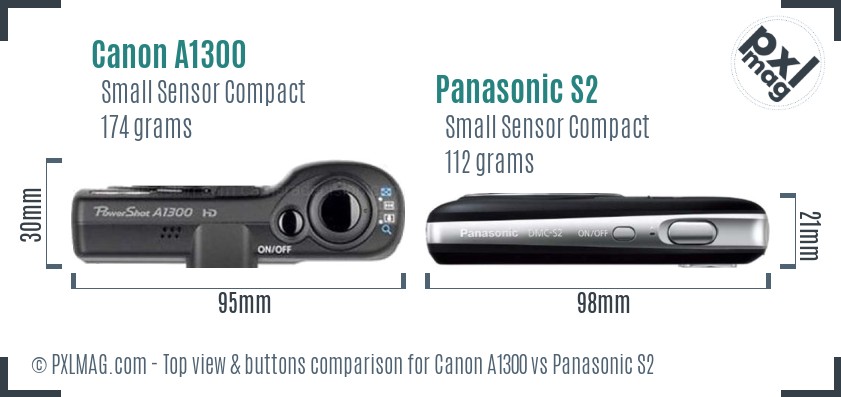 Canon A1300 vs Panasonic S2 top view buttons comparison
