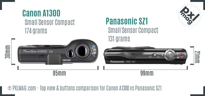 Canon A1300 vs Panasonic SZ1 top view buttons comparison