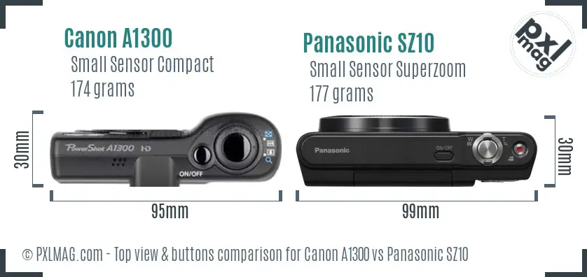 Canon A1300 vs Panasonic SZ10 top view buttons comparison