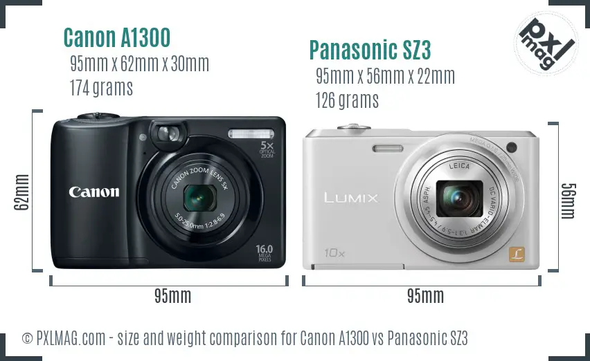 Canon A1300 vs Panasonic SZ3 size comparison