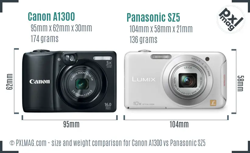 Canon A1300 vs Panasonic SZ5 size comparison