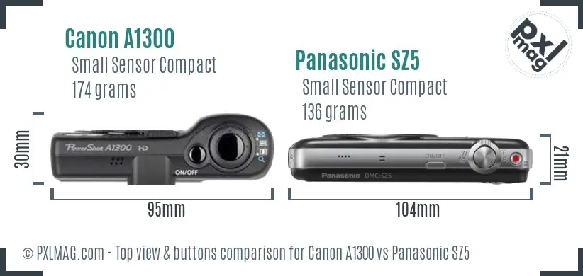 Canon A1300 vs Panasonic SZ5 top view buttons comparison