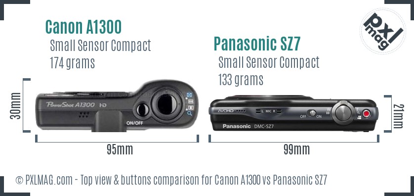 Canon A1300 vs Panasonic SZ7 top view buttons comparison
