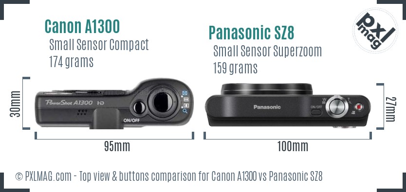 Canon A1300 vs Panasonic SZ8 top view buttons comparison