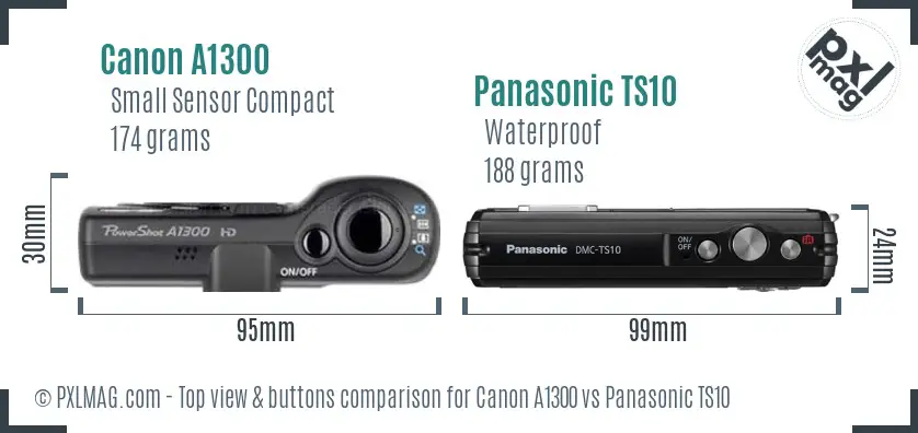 Canon A1300 vs Panasonic TS10 top view buttons comparison