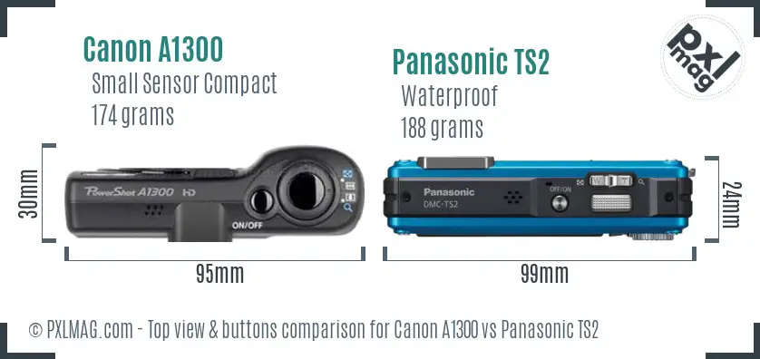 Canon A1300 vs Panasonic TS2 top view buttons comparison Canon A1300 vs Panasonic TS2 top view buttons comparison