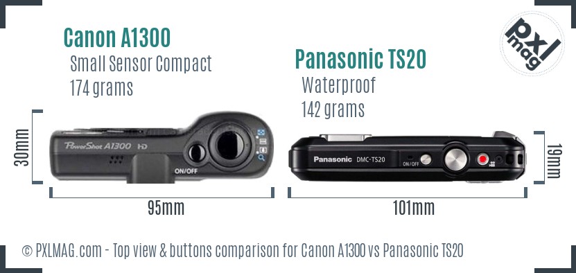 Canon A1300 vs Panasonic TS20 top view buttons comparison