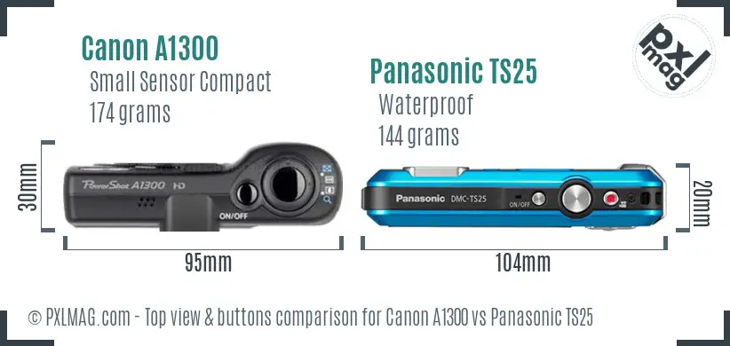 Canon A1300 vs Panasonic TS25 top view buttons comparison Canon A1300 vs Panasonic TS25 top view buttons comparison