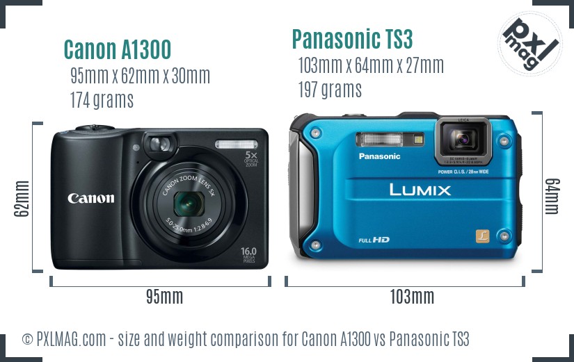 Canon A1300 vs Panasonic TS3 size comparison
