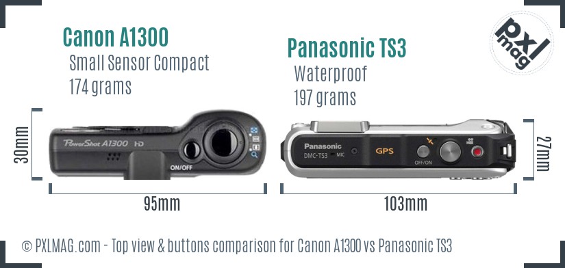 Canon A1300 vs Panasonic TS3 top view buttons comparison