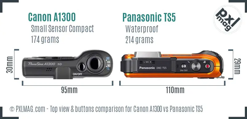 Canon A1300 vs Panasonic TS5 top view buttons comparison