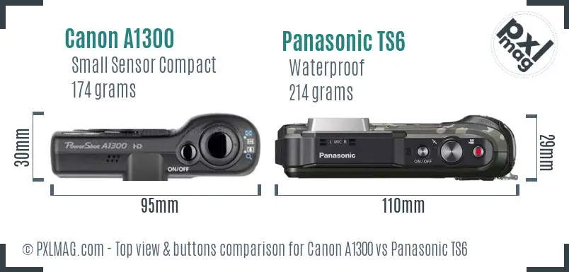 Canon A1300 vs Panasonic TS6 top view buttons comparison Canon A1300 vs Panasonic TS6 top view buttons comparison