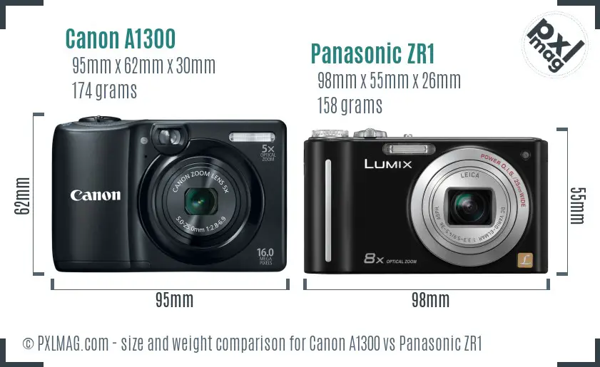 Canon A1300 vs Panasonic ZR1 size comparison