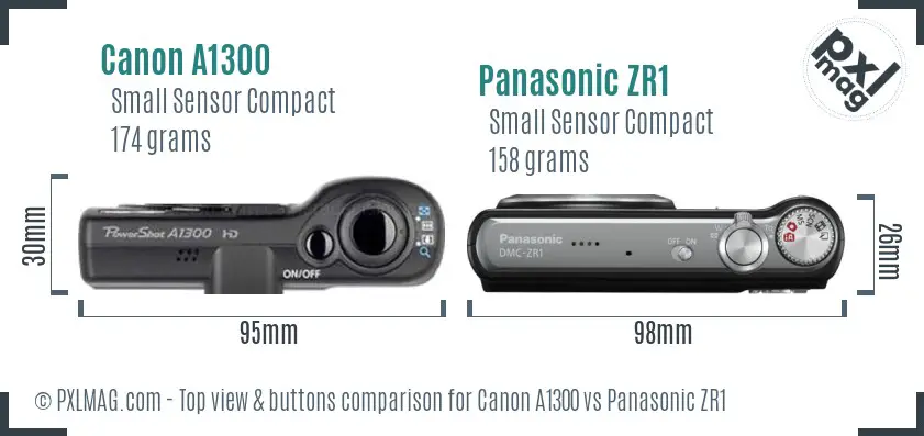 Canon A1300 vs Panasonic ZR1 top view buttons comparison