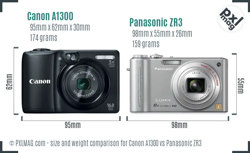 Canon A1300 vs Panasonic ZR3 size comparison